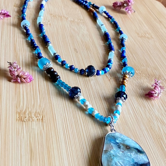 Multi Gemstone Layered Statement Necklace with Lapis Lazuli - Aquamarine - Picture 5 of 10
